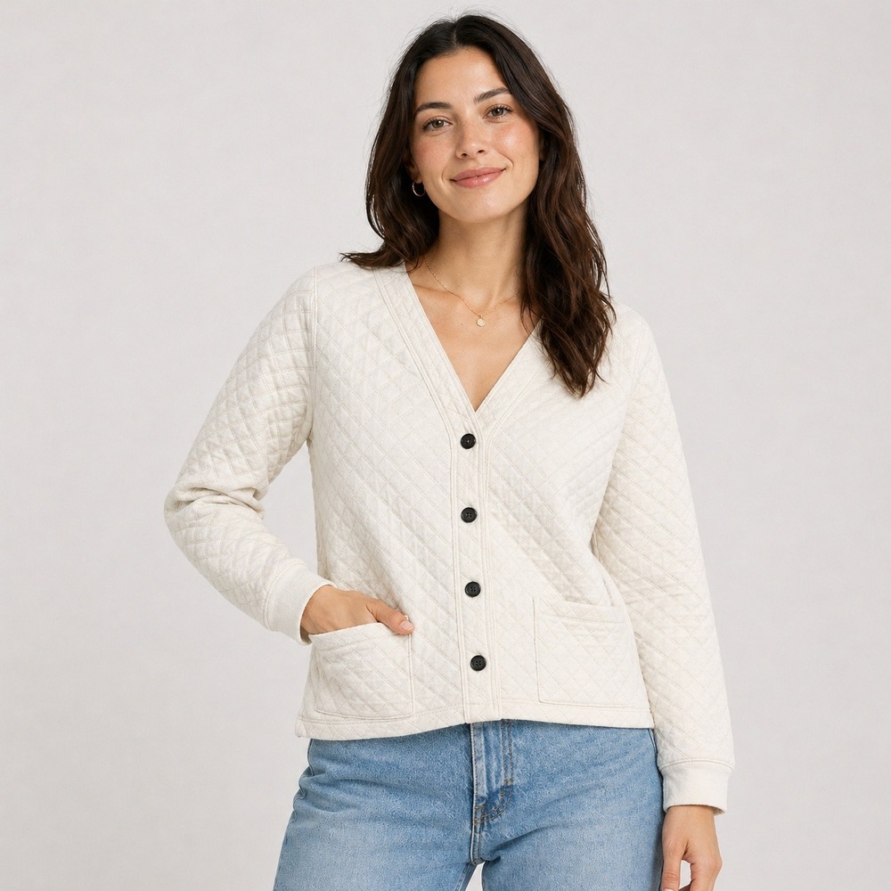 Madewell‎ Quilted Cardigan Womens L Cream Off-White Button Front V-Neck NB518